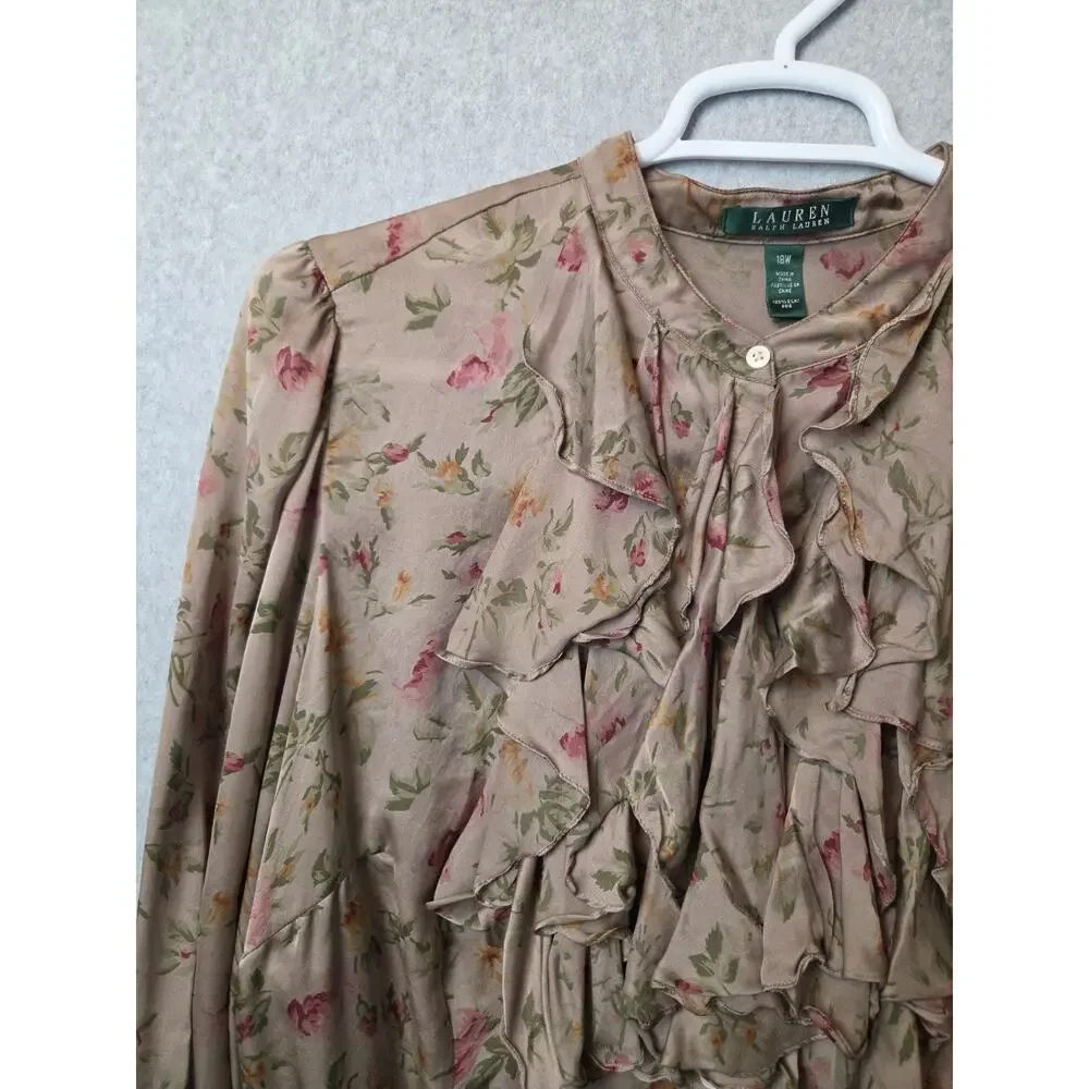 Lauren Ralph Lauren 100% Silk Brown Floral LS Ruffle Jabot Blouse Women Plus 18W - Picture 4 of 11